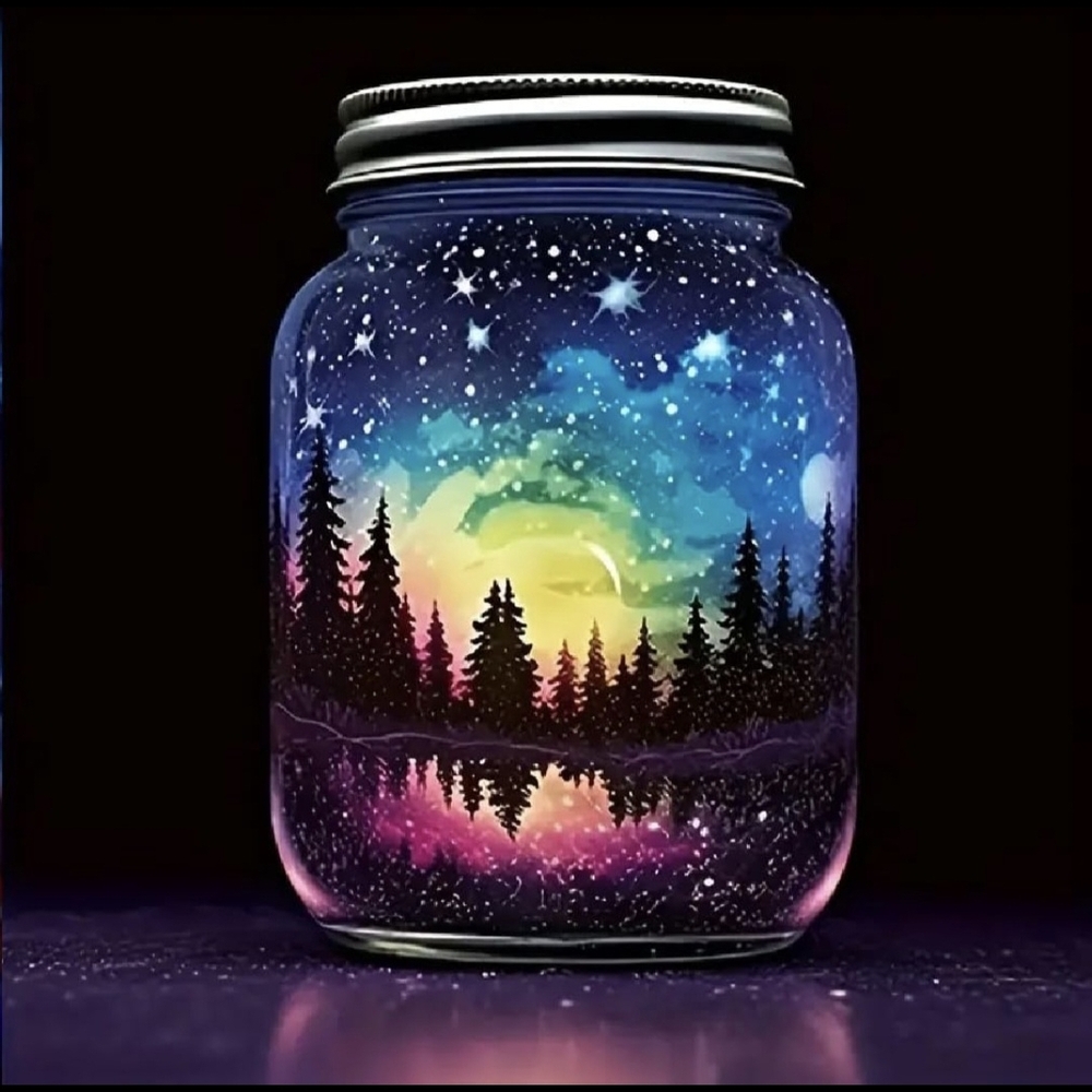 Mason Jar Trees Colorful Night Stars Sky Reflection 5D Diamond Painting Kit New - Picture 1 of 9